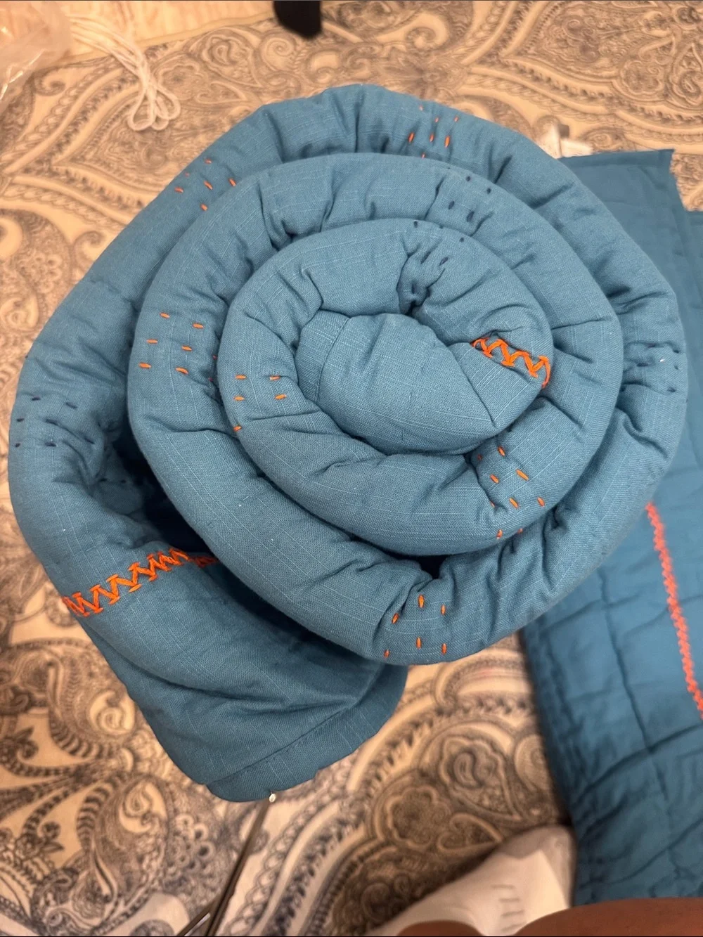 Crate and Barrel Kids blue with Orange Stitching twin quilt & John robshaw